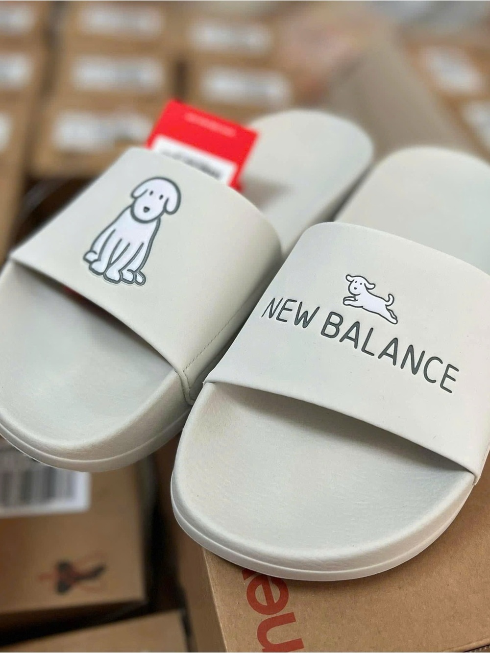 New Balance Cream Slides with Dog Graphics